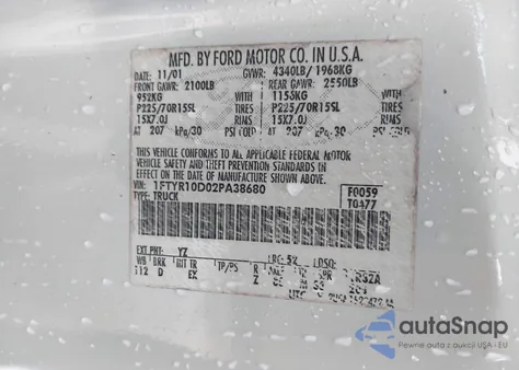 2002 Ford Ranger Xl/Xlt z USA, uszkodzony, nr VIN 1FTYR10D02PA38680